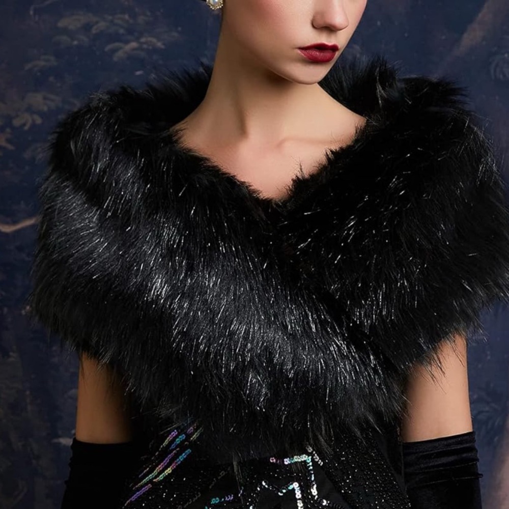 Women's BLACK GLAM  Fur Shawl Cover Up NEW